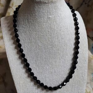 Vintage Antique Jet Black Glass Faceted Single Strand Beaded Mourning Necklace